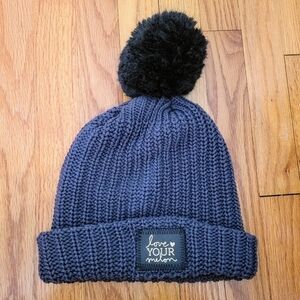 Love Your‎ Melon Dark Grey Knit Hat Beanie w/ Removable Pom Cotton Made in USA